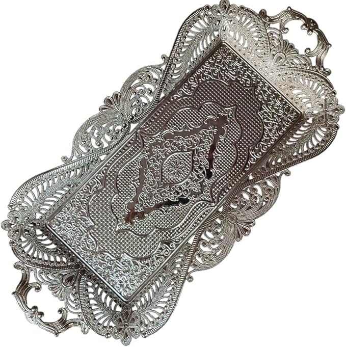 Small Silver Turkish Metal Coffee Tea Serving Tray Table Home Decor Decorative Handles