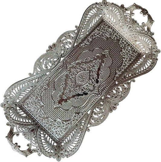 Small Silver Turkish Metal Coffee Tea Serving Tray Table Home Decor Decorative Handles - Fancy Vintage Brass Mini Rustic Retro Wedding Antique Style Traditional Counter Kitchen Tray