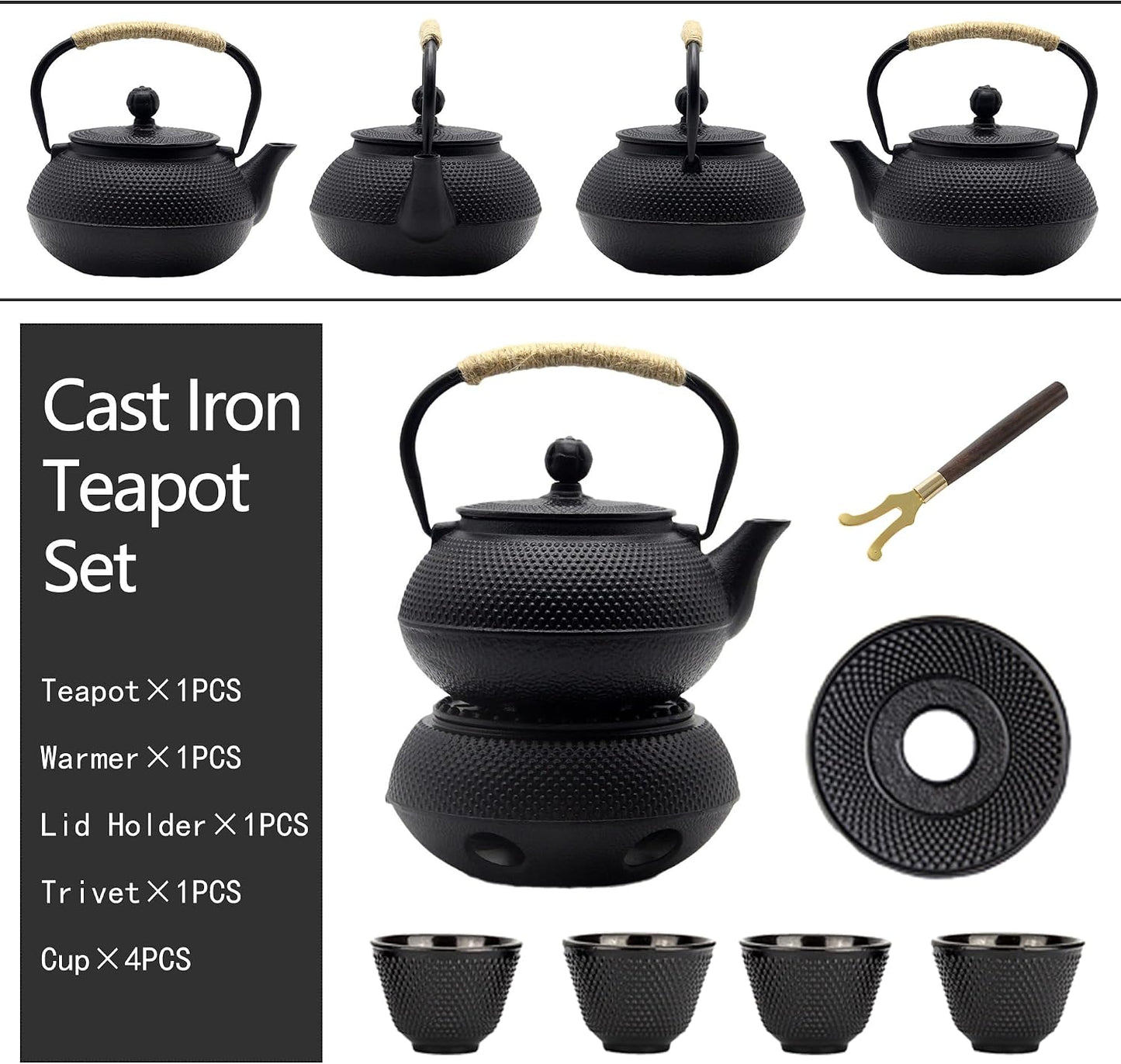 20.3oz Small Cast Iron Teapot Set with Warmer, Japanese Black Tea Kettle for Stovetop Safe, Teapot and Cups Set, Tea Pot with Stainless Steel Infuser for Loose Tea(600ml)