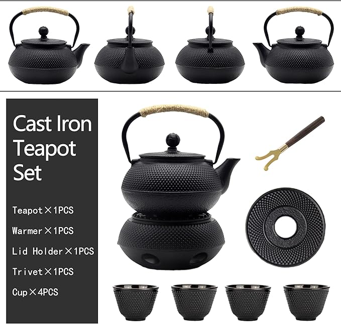 20.3oz Small Cast Iron Teapot Set with Warmer, Japanese Black Tea Kettle for Stovetop Safe, Teapot and Cups Set