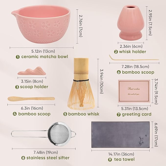 Matcha Whisk Set - Traditional Bamboo Chasen with Bowl, Complete Matcha Tea Making Kit & Starter Tools for Authentic Japanese Ceremony (Pink01, 8pcs/set,Bowl entry-level Set)
