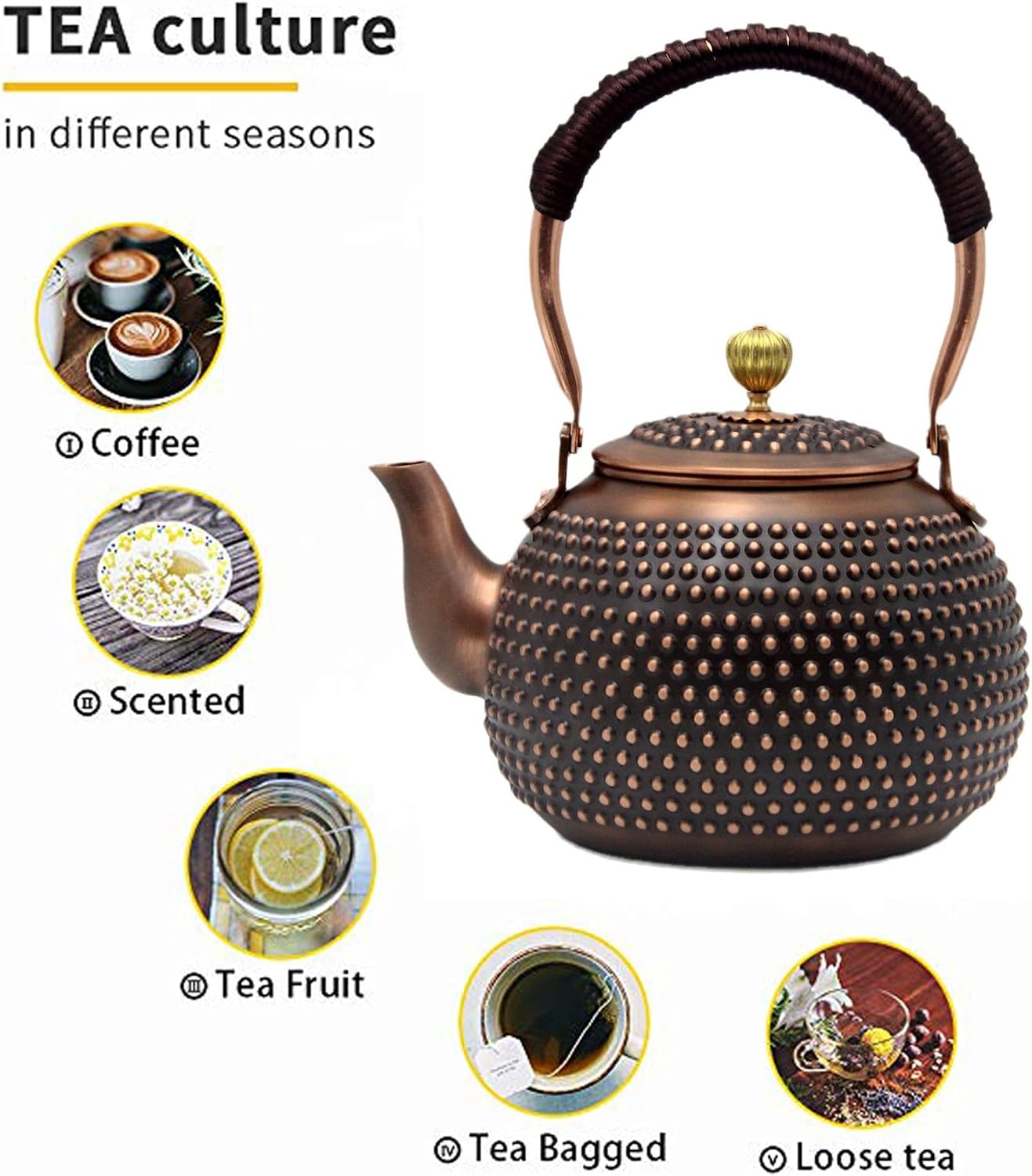 YJX 47.3oz Elegant Japanese Style Copper Tea Kettle For Stovetop Safe, Non-Coating Pure Copper Teapot with Stainless Steel Tea Ball For Loose Tea, Solid Tea Pot For 2-4 Cups (1400ml)