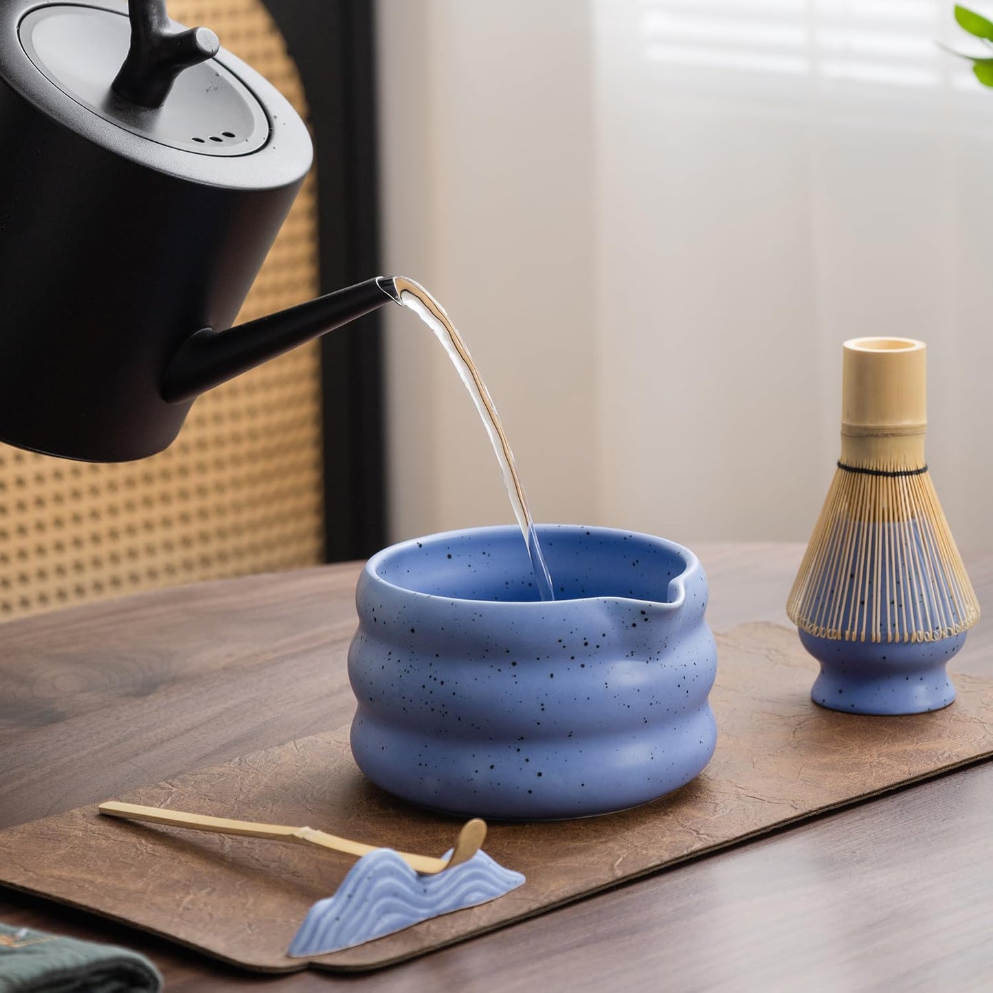 7Pcs Japanese Matcha Tea Set, Matcha Kit with Matcha Bowl (with Pouring Spout), Matcha Whisk, Whisk Holder, Strainer - Elegant Matcha Set for Gifting and Personal Use, Gift Box Packaging (blue)