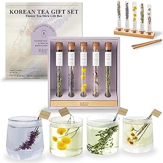KKOKDAM Premium Flower Tea Stick Sampler with Wooden Tray - 5 Handcrafted Blooming Herbal Tea Variety Pack in Glass Tubes, Women & Mom Gift Box