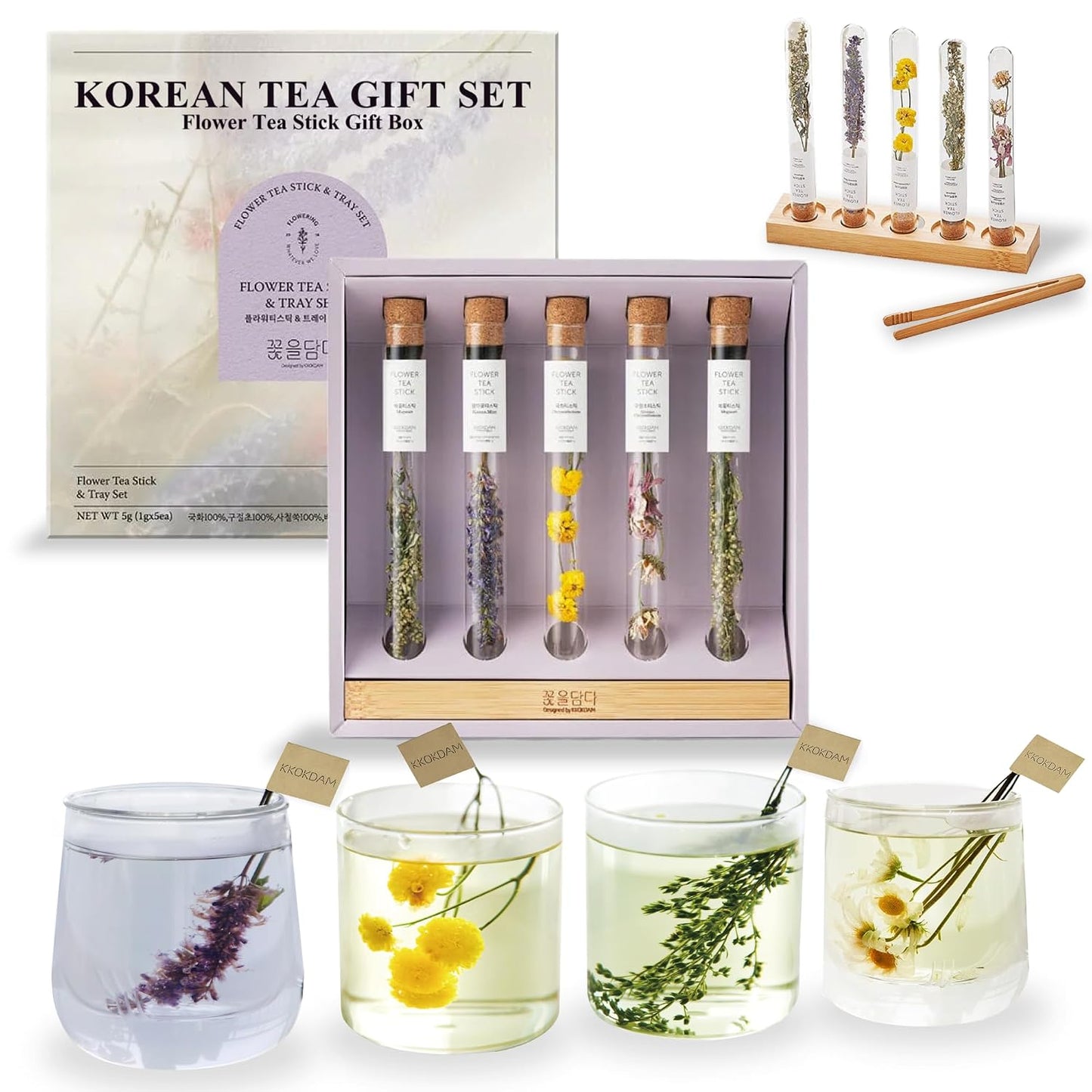 Kkokdam Premium Flower Tea Stick Sampler with Wooden Tray - 5 Handcrafted Blooming Herbal Tea Variety Pack in Glass Tubes, Women & Mom Gift Box