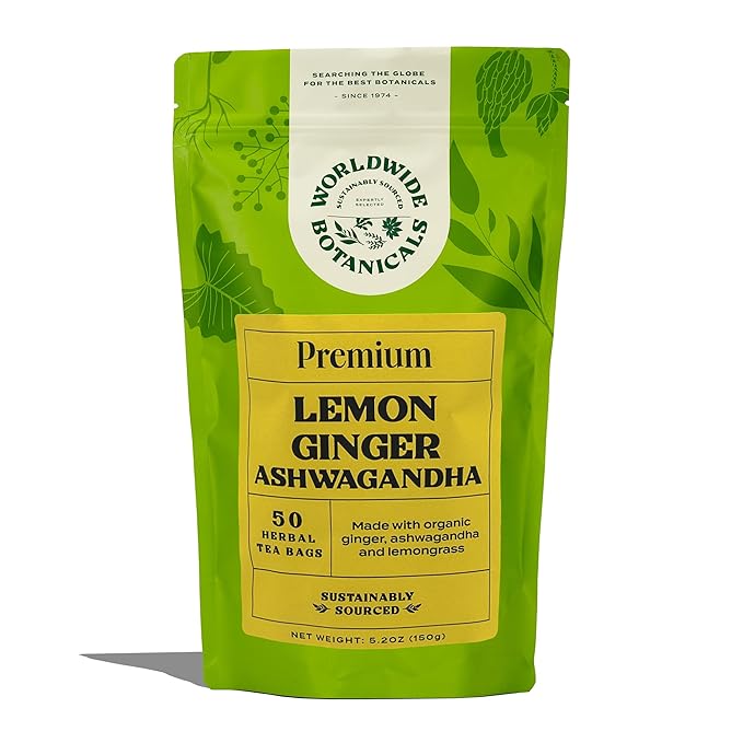 Worldwide Botanicals Lemon Ginger Ashwagandha Tea, 50 Tea Bags - 50% more herbs with 3g per teabag - Caffeine-Free
