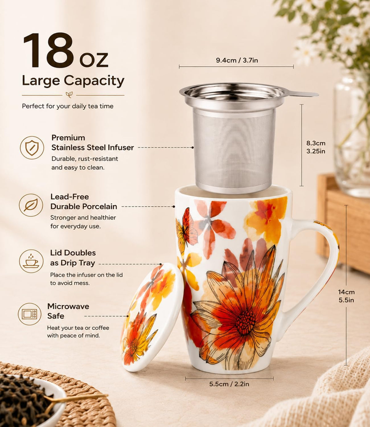 GBhome Tea Mug with Infuser and Lid,18 oz Loose Leaf Tea Cup with Steeper