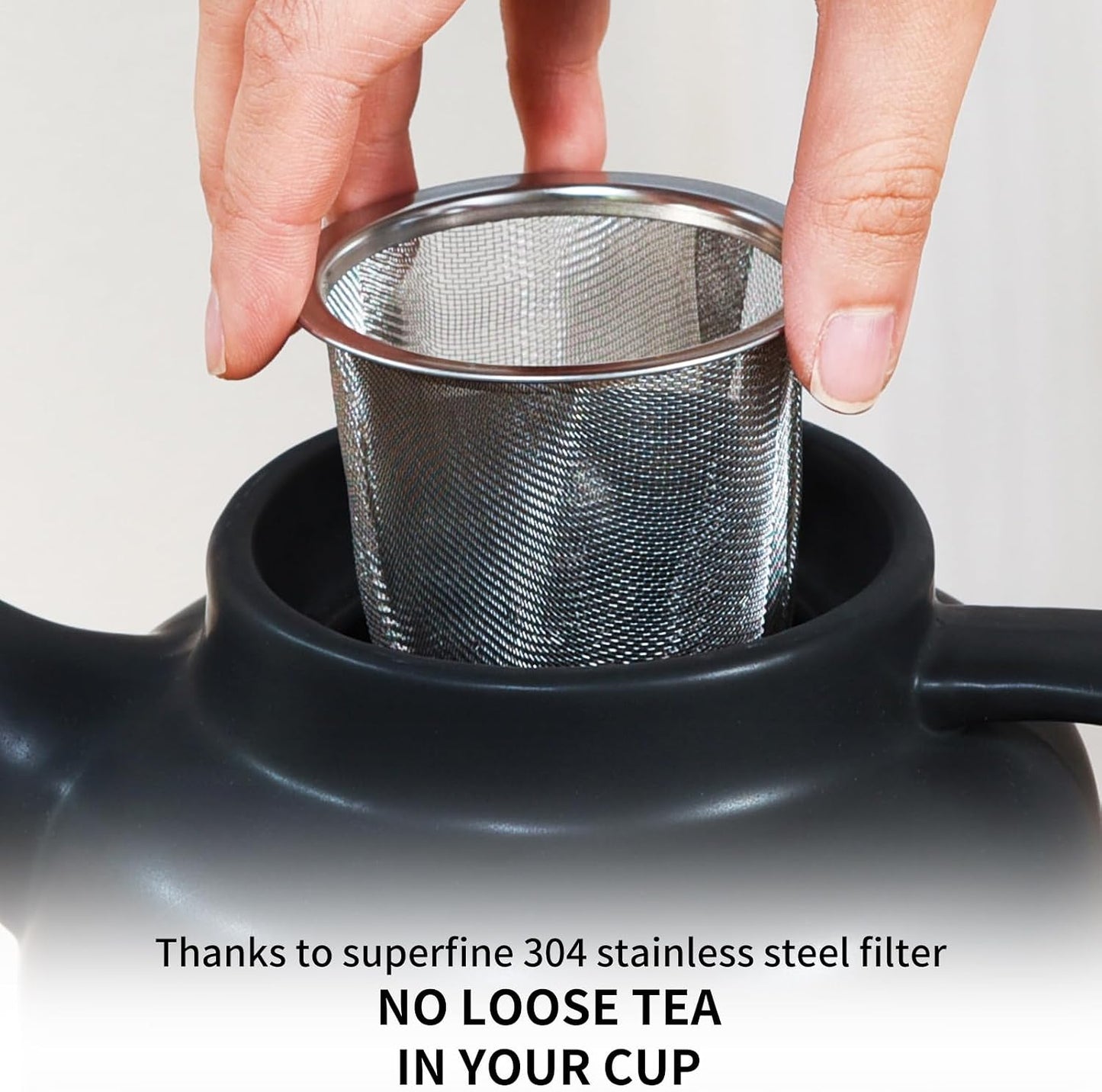Yundu 1500ml / 50 oz Ceramic Teapot with Infuser &amp; Wood Lid - Matte Black, Loose Leaf Tea Pot with Removable Strainer, Large Capacity