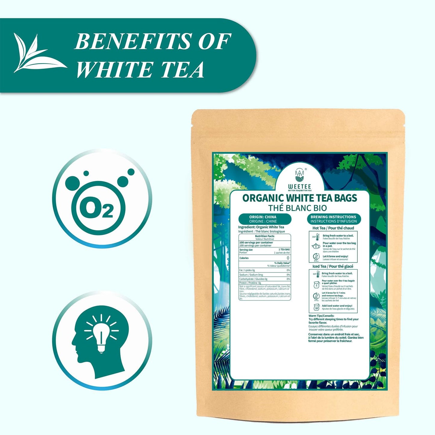 WT WEETEE Organic White Tea Bags, Organic Pure White Tea 100 Count, Mellow & Smooth, Perfect for Hot or Iced Tea