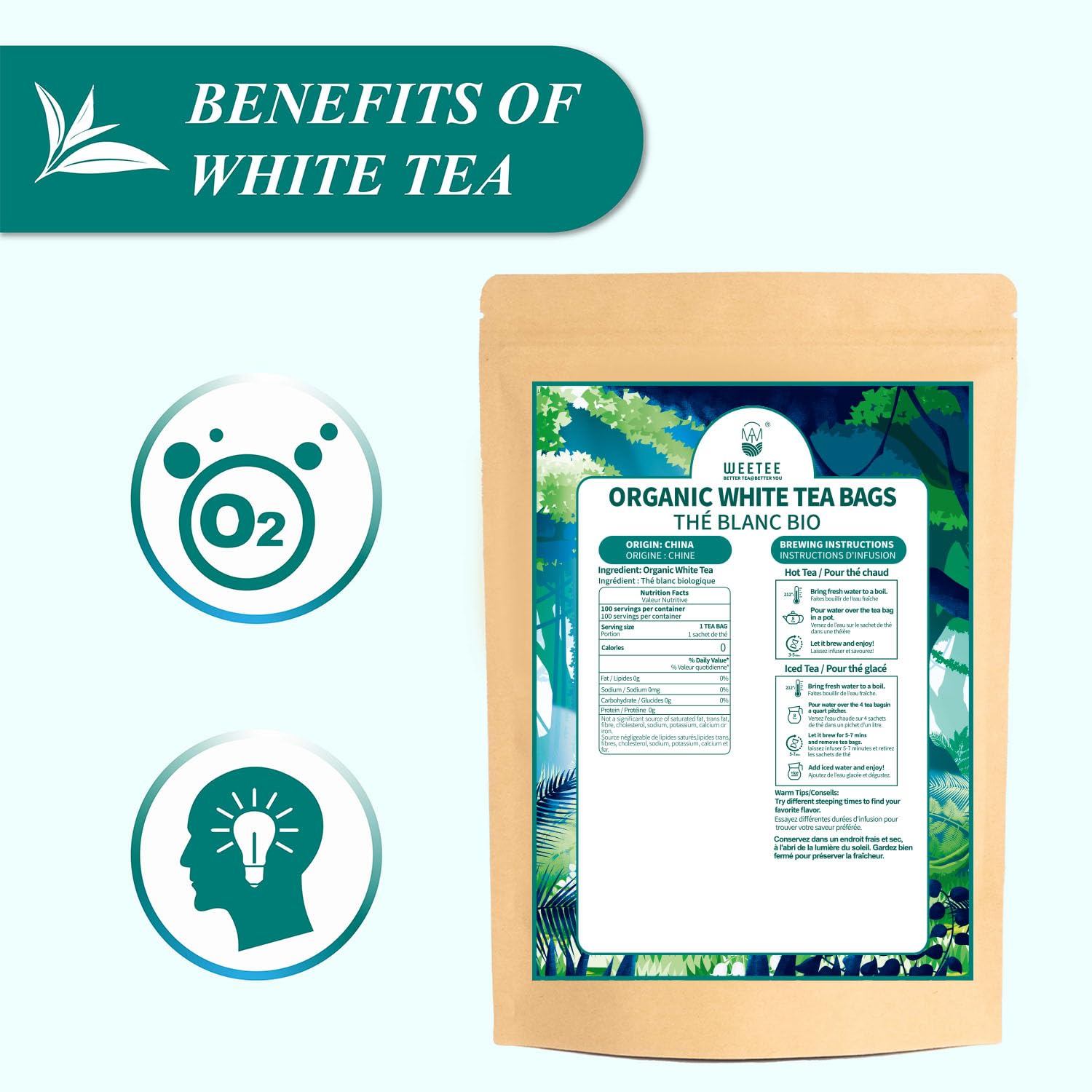 WT WEETEE Organic White Tea Bags, Organic Pure White Tea 100 Count, Mellow & Smooth, Perfect for Hot or Iced Tea