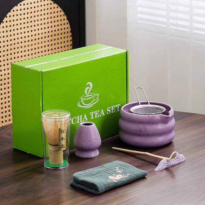 7Pcs Japanese Matcha Tea Set, Matcha Kit with Matcha Bowl (with Pouring Spout), Matcha Whisk, Whisk Holder, Strainer