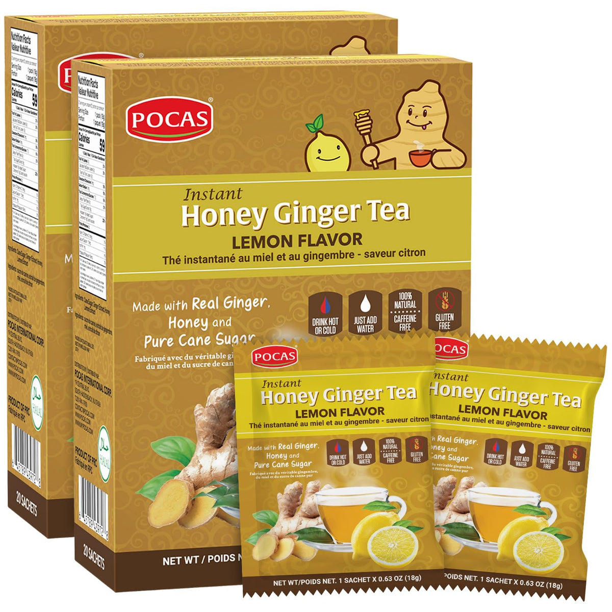 Pocas Instant Honey Ginger Tea, Lemon Flavor 2-Pack, 20 Packets/Box