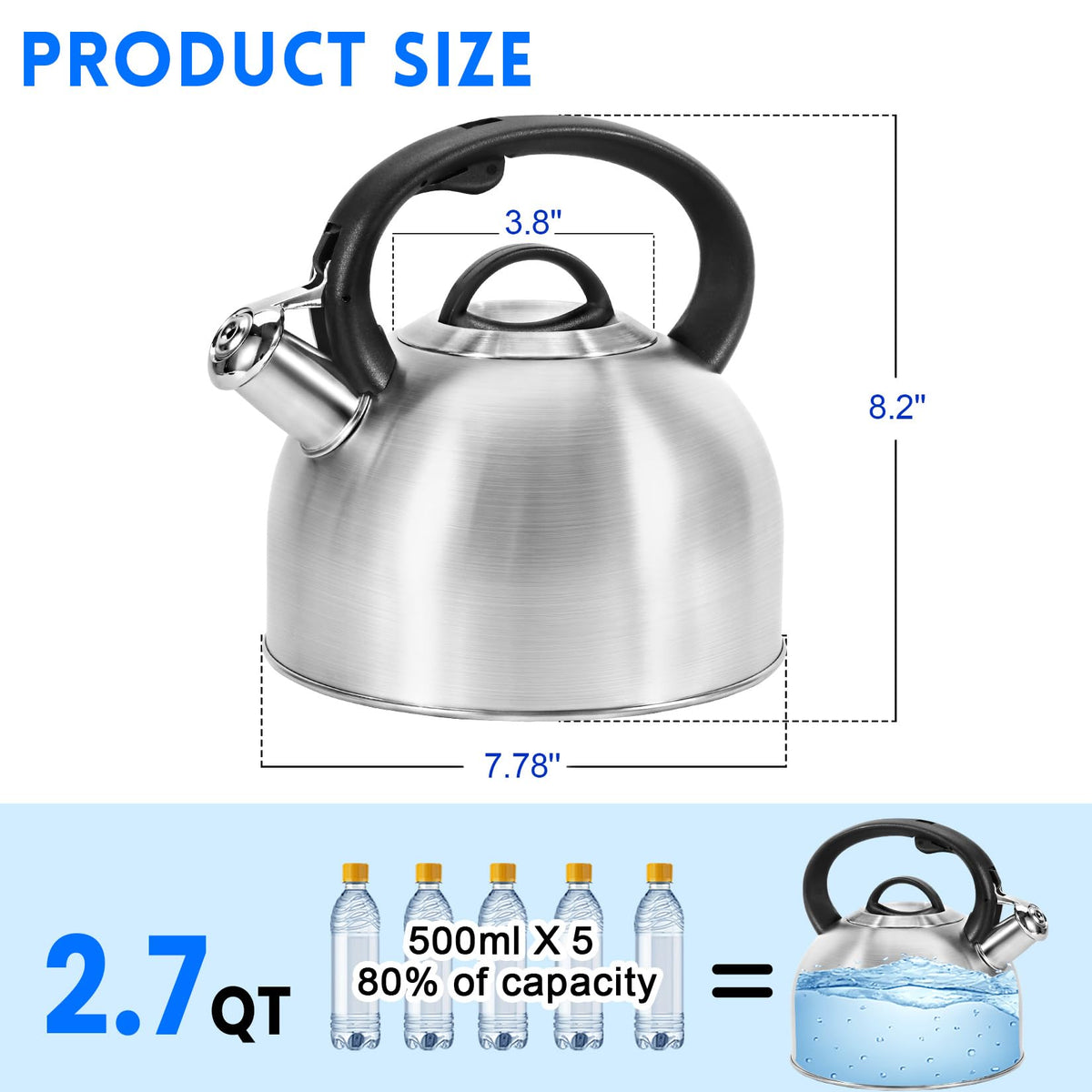 GGC Whistling Stove Top Tea Kettles, 304 Stainless Steel Tea Kettles with Anti-Heat Handle, 3.1QT/3L Tea Pot for Boiling