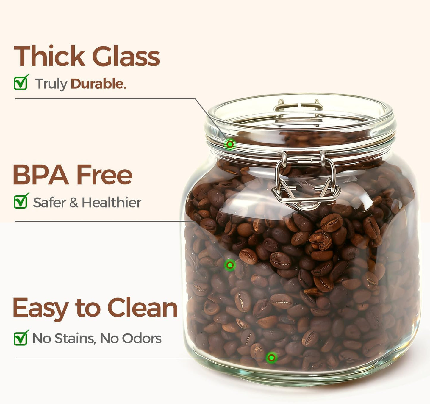 ComSaf Glass Storage Jars 34 oz 3 Pack for Flour Sugar, Coffee Canister | Airtight clamp lids, 3.3-inch wide mouth, four labels, Square clear canisters, tea, herbs, pickles and pantry organization