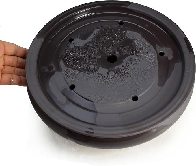 Tray Saucer Mat Kungfu Tea 10inch/26cm Saving Water Classical Charm Dragon Black Clay Decorations (L dragon)