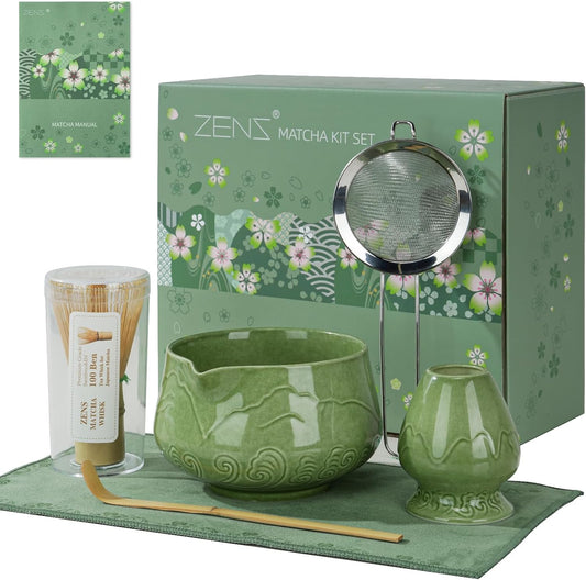 ZENS Premium Matcha Whisk Set, 6pcs Matcha Kit for Matcha Latte, Green