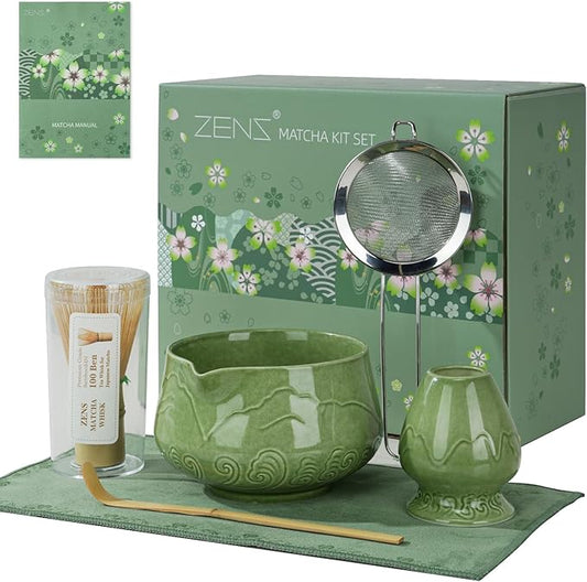 ZENS Matcha Whisk Set, 6Pcs Matcha Kit Set Includes Ceramic Bowl, Bamboo Whisk and Chasen Holder,Scoop, 304 Stainless Sifter & Tea Mat, Matcha Set for Tea Ceremony, Blue
