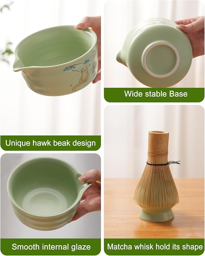 Matcha Whisk Set, Ceramic Matcha Set Includes Matcha Bowl, Matcha Whisk and Holder, Bamboo Scoop, Scoop Rest, Sifter and Tea Towel
