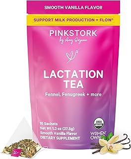 Pink Stork Organic Lactation Tea – Fenugreek, Fennel, Milk Thistle + More – Support for Breastfeeding, Pumping, Hydration, Milk Flow – Smooth Vanilla – 15 Sachets, Caffeine-Free