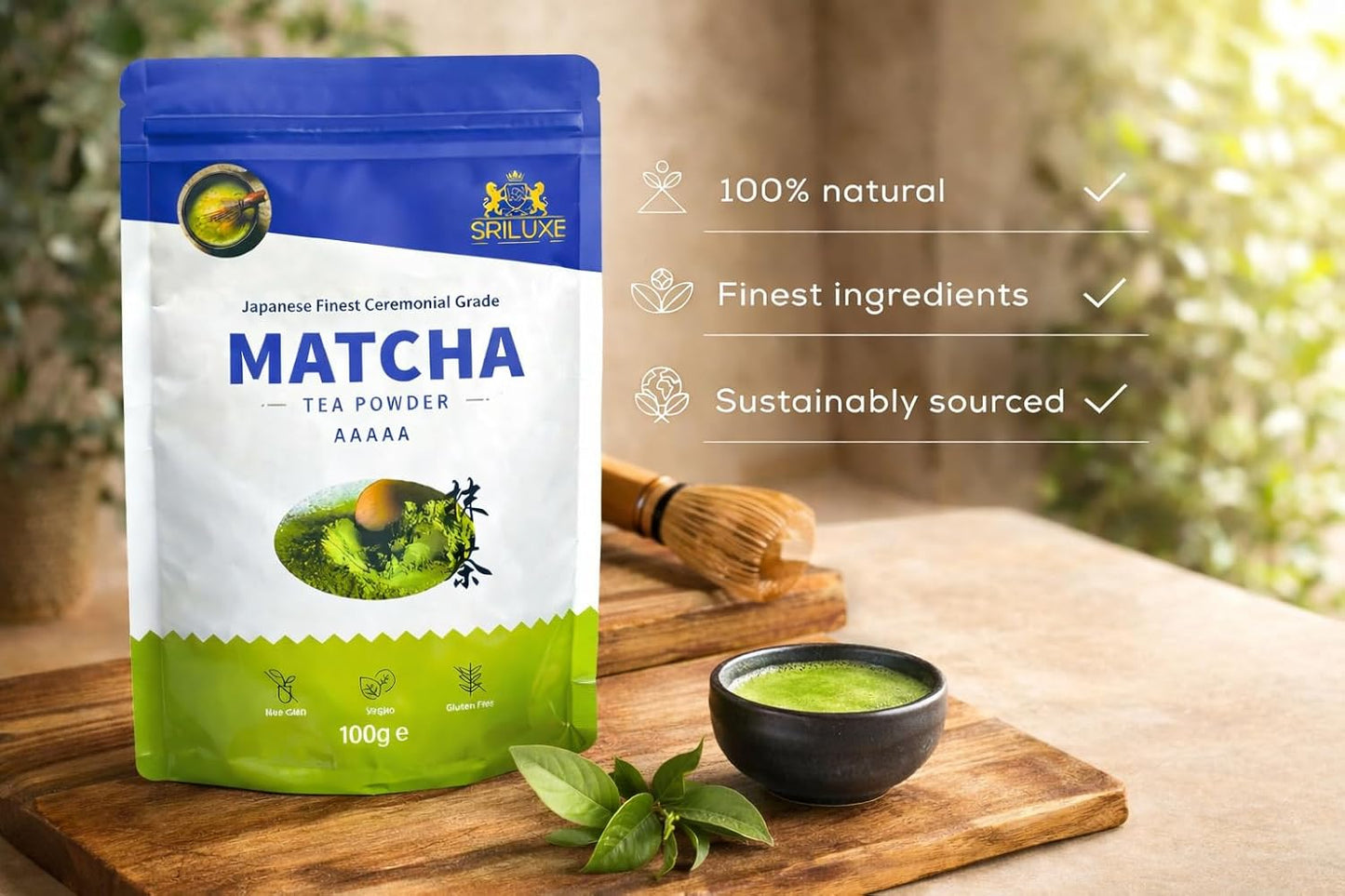 SRILUXE - Ceremonial Matcha Green Tea Powder - Premium Grade-100g. Produced in Japan, Uji, Kyoto. Use for Drinking, Cooking, Baking, Smoothie Making and with Milk. Vegan & Vegetarian Friendly (100g, AAAA (4A))