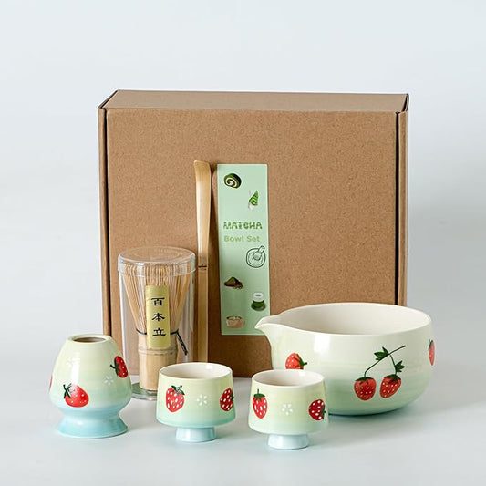 Matcha Whisk Set, Cute Strawberry Matcha Bowl Set with 2 Cups, Bamboo Whisk, Scoop & Holder, Matcha Kit Gift for Tea Lovers and Tea Ceremony