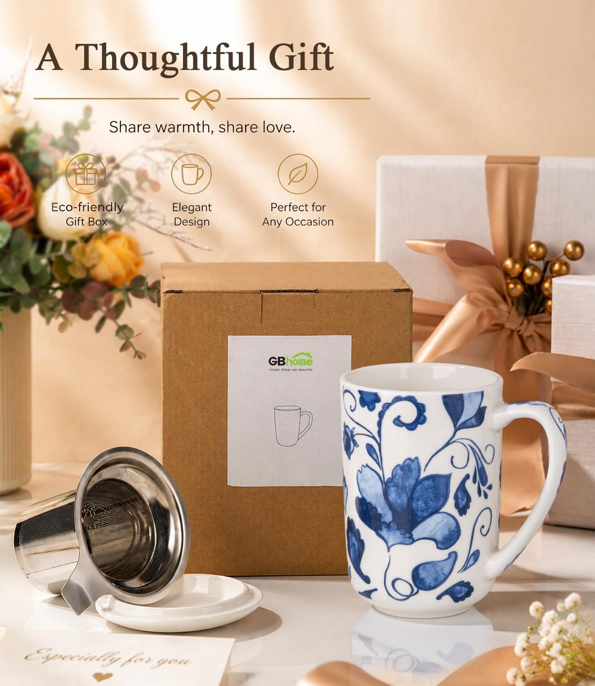GBhome Tea Mug with Infuser and Lid,18 oz Loose Leaf Tea Cup with Steeper
