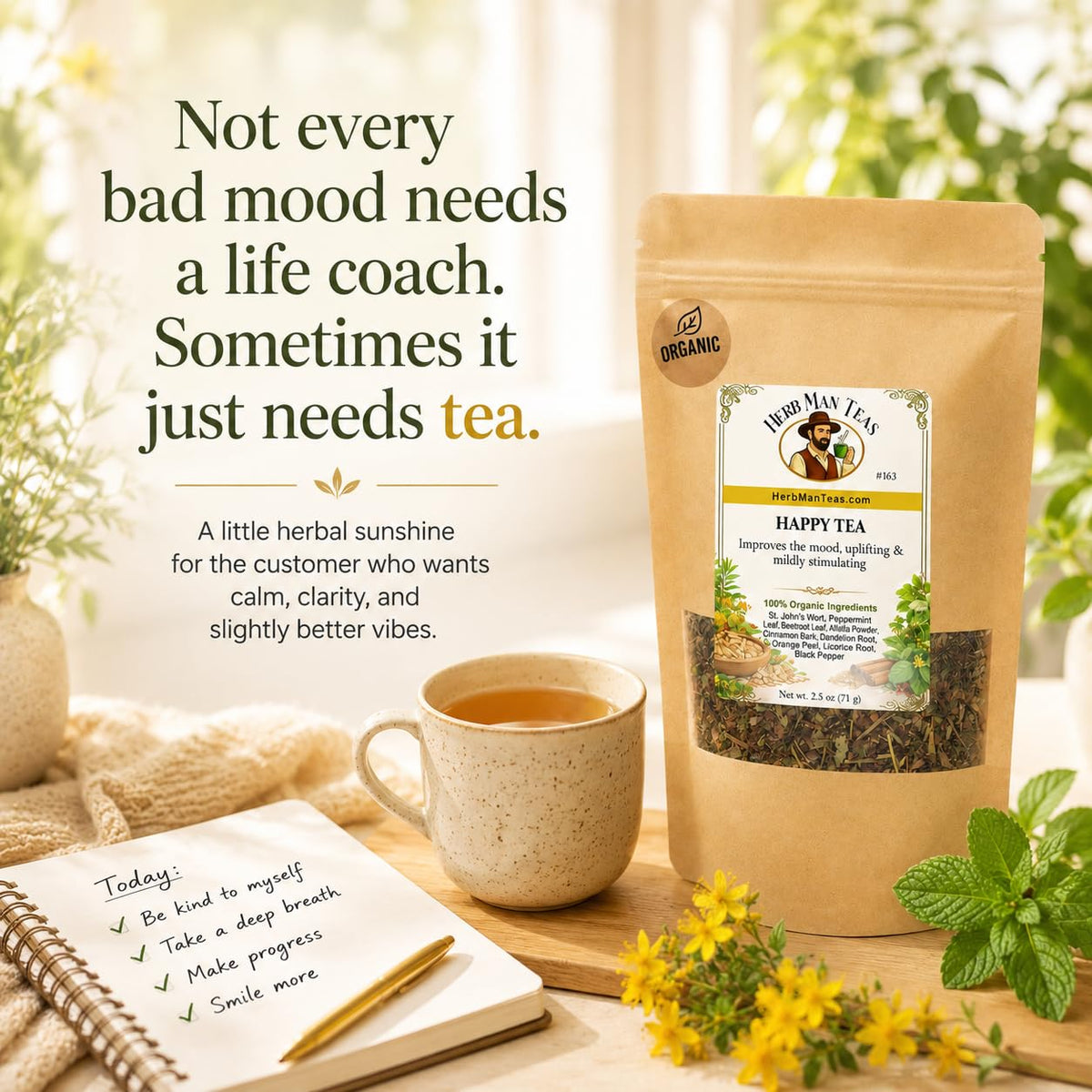 HAPPY TEA – Pleasant Feel-Good Daily Boost, Uplifting Mood Support &amp; Positive Energy with St. John’s Wort, Brahmi &amp; Rhodiola – Premium Organic Loose Leaf – Formulated by Master Herbalist
