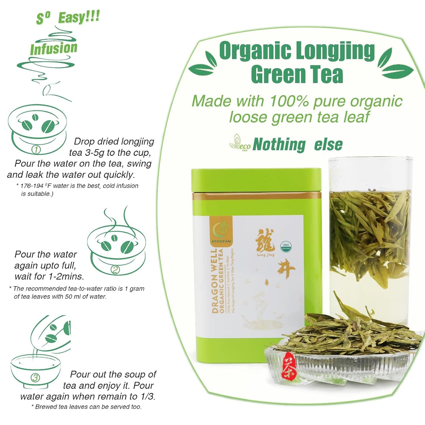 EFOOFAN Organic Dragonwell Green Tea, Loose Leaf, 2nd Harvest, 100g Tin | USDA organic. Yu Qian: full-bodied, toasty &amp; grassy. Hand-crafted, pan-fired. Re-steep 2-3x. Spent leaves edible. Premium tea