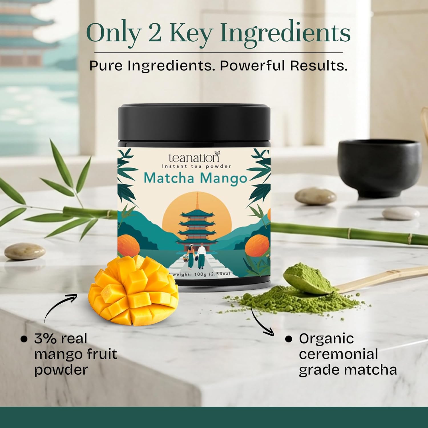 Tea Nation Matcha Mango Latte – Instant Matcha Latte Powder Drink Mix with Real Mango | Mango Green Tea Energy Drink | Smooth Energy Boost | Vegan, No Additives | 100g