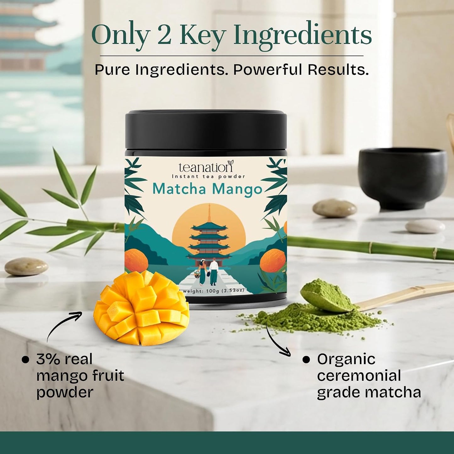Tea Nation Matcha Mango Latte – Instant Matcha Latte Powder Drink Mix with Real Mango | Mango Green Tea Energy Drink | Smooth Energy Boost | Vegan, No Additives | 100g