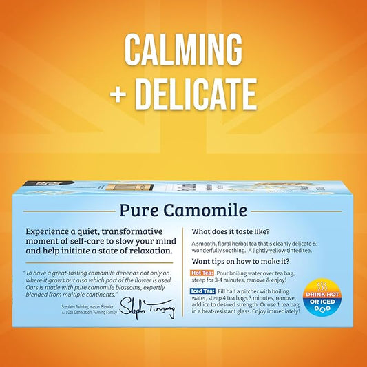 Twinings Pure Camomile Herbal Tea Individually Wrapped Bags, 100 Count (Pack of 1), Delicate for Pure Relaxation, Naturally Caffeine-Free, Enjoy Hot or Iced, 100 Teabags