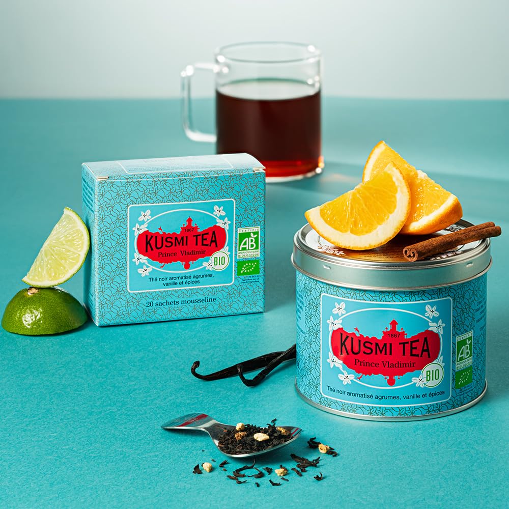 Kusmi Tea - Prince Vladimir - Organic Earl Grey Black Tea with Orange - Flavored with Citrus, Cinnamon, Bergamot, Vanilla & Spices - Caffeinated Tea - 20 Tea Bags