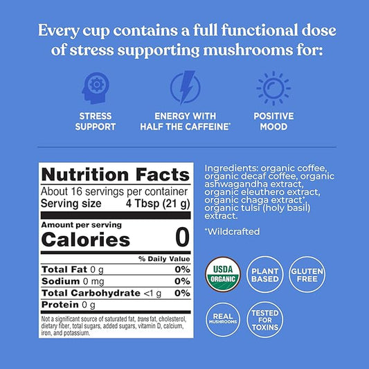 Four Sigmatic Organic Balance Adaptogen Ground Coffee, Medium Roast USDA Organic Coffee with Ashwagandha, Chaga Mushroom