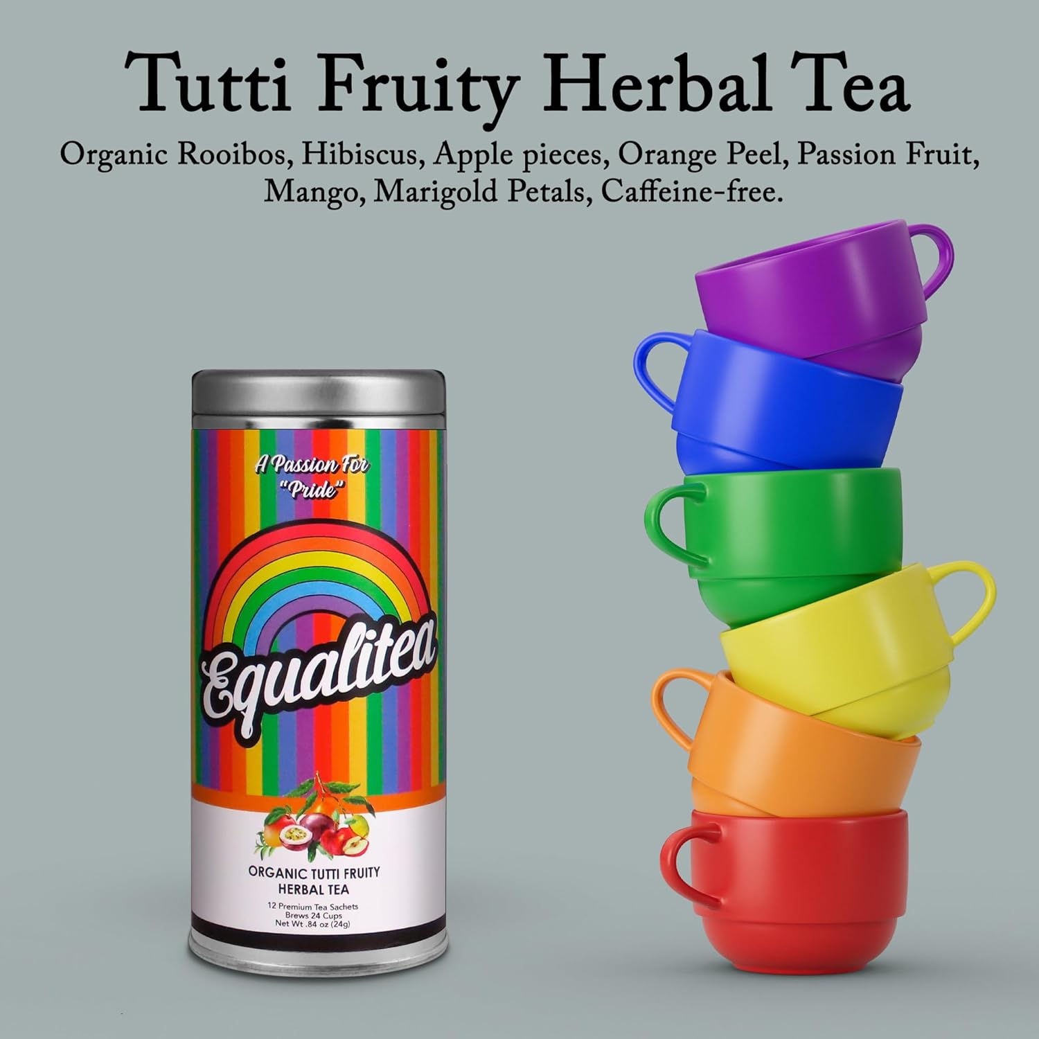 Equalitea Pride Tea, Organic Tutti Fruity, Gourmet Herbal Teas in Reusable Rainbow Tea Tin, Gay Pride Gifts for LGBTQ Pride 2025, All Natural & Plastic Free (12 Sachets)