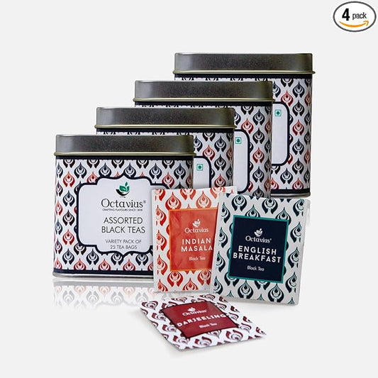 Octavius Tea Variety Pack | 3 Assorted Black Teas | 25 Teabags Each | Sampler Tea Pack | Pack of 4 | Premium Indian Black Tea | Bold Flavors | Ideal Gift for Tea Lovers
