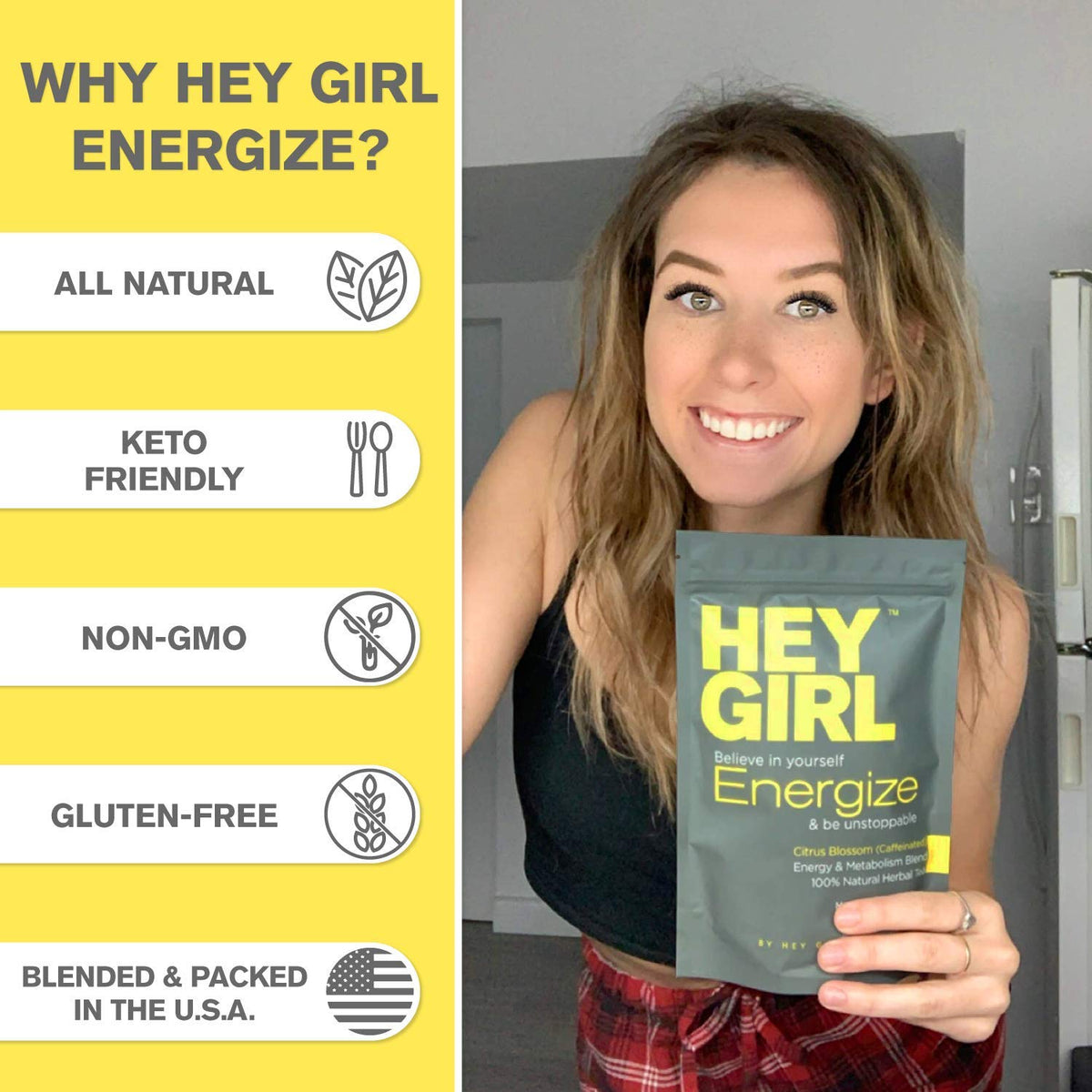 Hey Girl Tea Hey Girl Energize Tea - Herbal Energy Tea Blend with Yerba Mate, Oolong, Ginger, & Green Tea - Morning Boost