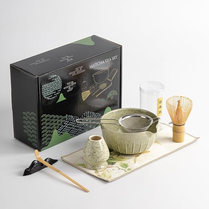Matcha Whisk Set - 7PCS matcha kit ，Matcha Bowl with Spout, Bamboo Whisk with Ceramic Holder, Macha Scoop and Sifter, Matcha Kit for Ceremony