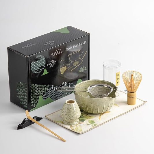 Matcha Whisk Set - 7PCS matcha kit ，Matcha Bowl with Spout, Bamboo Whisk with Ceramic Holder, Macha Scoop and Sifter, Matcha Kit for Ceremony