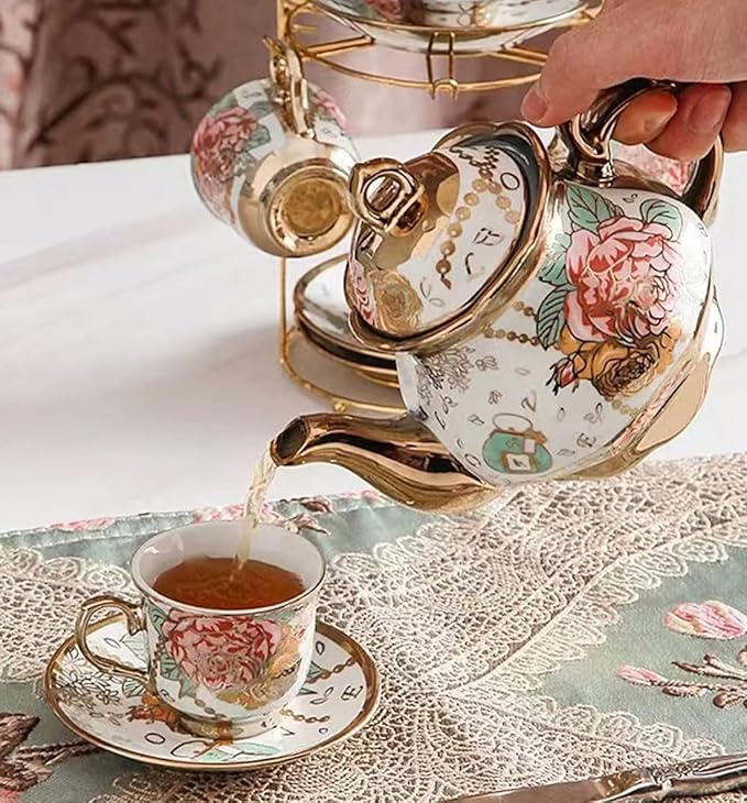 Chanjoon tea sets Gold Plated Red Rose Ceramic Tea Set, Vintage Teapot Tea Sets Beautiful Tea Set Coffee Serving 6 People (Golden, Medium)