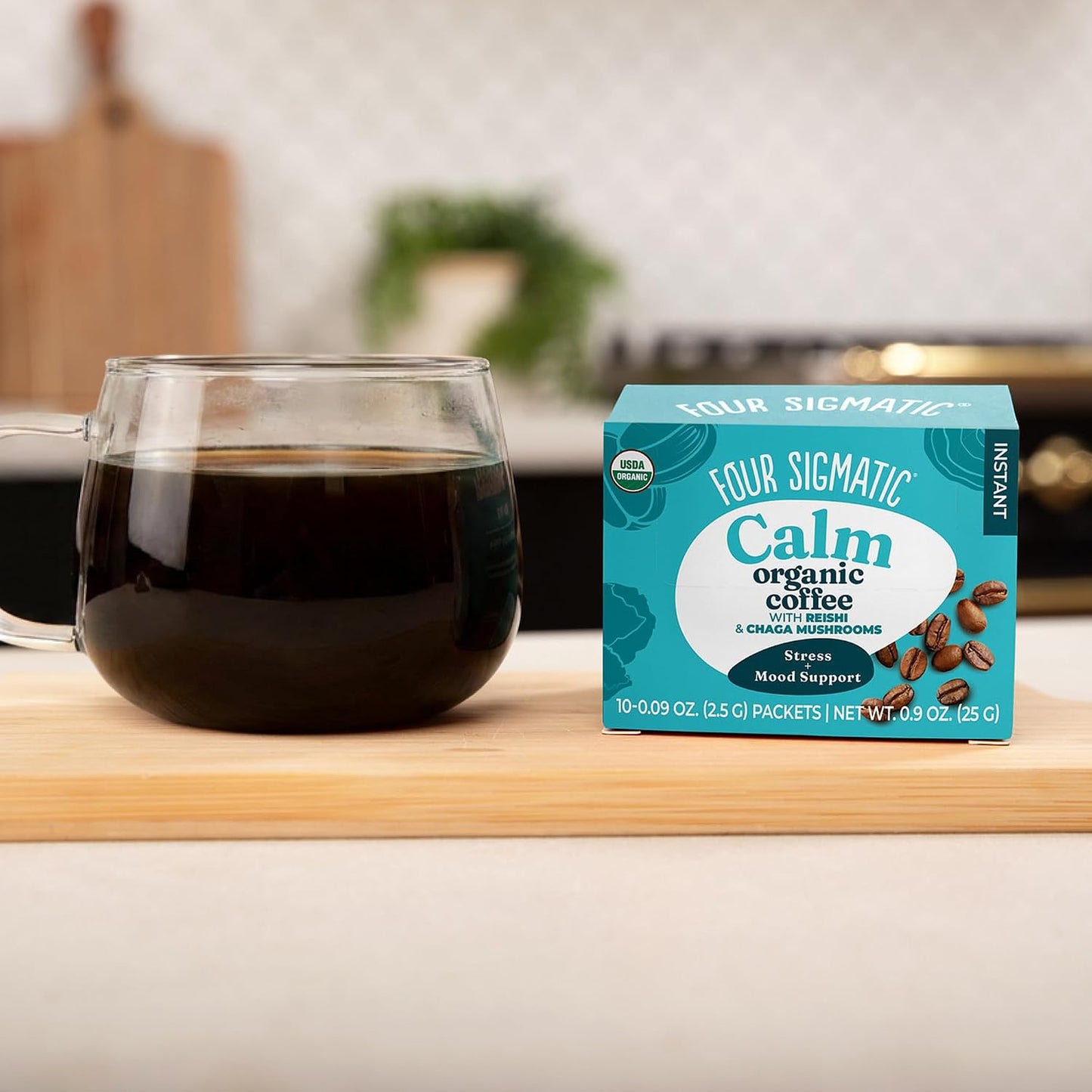 Four Sigmatic Calm Organic Instant Coffee | Medium Roast Arabica with Reishi &amp; Chaga Mushrooms for Stress Relief &amp; Mood Support | USDA Organic | Half Caffeine | 10 Packets