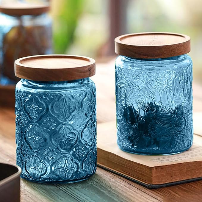 Glass Jar with Lid, Vintage Glass Storage Jars with Airtight Lid Coffee Canister Sugar Container for Kitchen Counter Pantry, Spice, Candy, Coffee Beans, Tea, Cookie (24 FL OZ Blue Begonia)