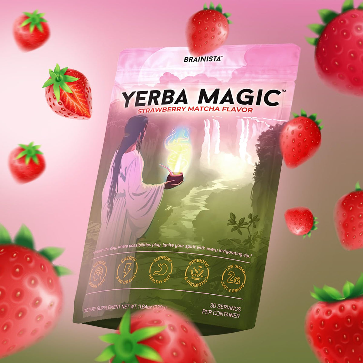 Brainista Yerba Mate Tea Sticks, Instant Tea Packets, Lion's Mane, Strawberry, 20ct