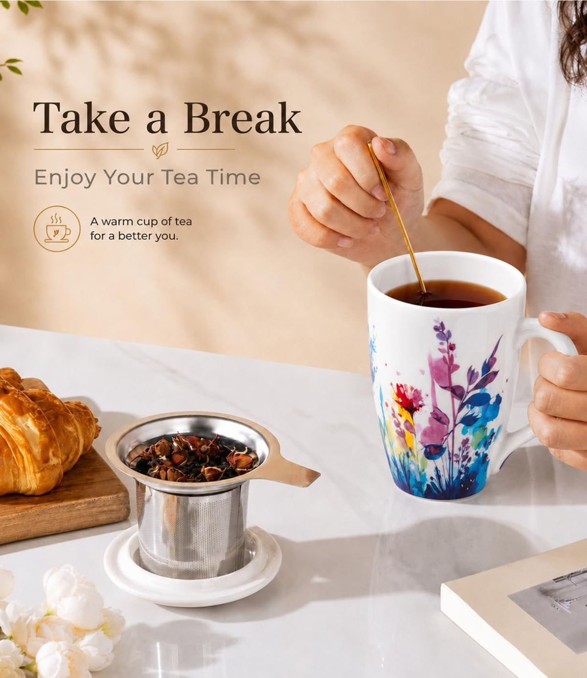 AmorArc Tea Cup With Infuser and Lid, 18oz Loose Leaf Tea Mug With Steeper
