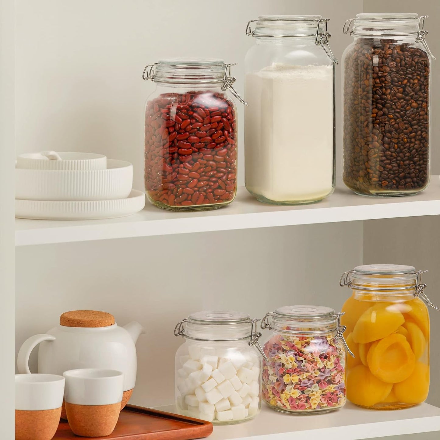 ComSaf Glass Storage Jars 34 oz 3 Pack for Flour Sugar, Coffee Canister | Airtight clamp lids, 3.3-inch wide mouth, four labels, Square clear canisters, tea, herbs, pickles and pantry organization