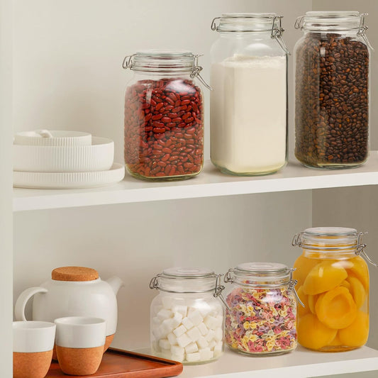 ComSaf Glass Storage Jars 34 oz 3 Pack for Flour Sugar, Coffee Canister | Airtight clamp lids, 3.3-inch wide mouth, four labels, Square clear canisters, tea, herbs, pickles and pantry organization