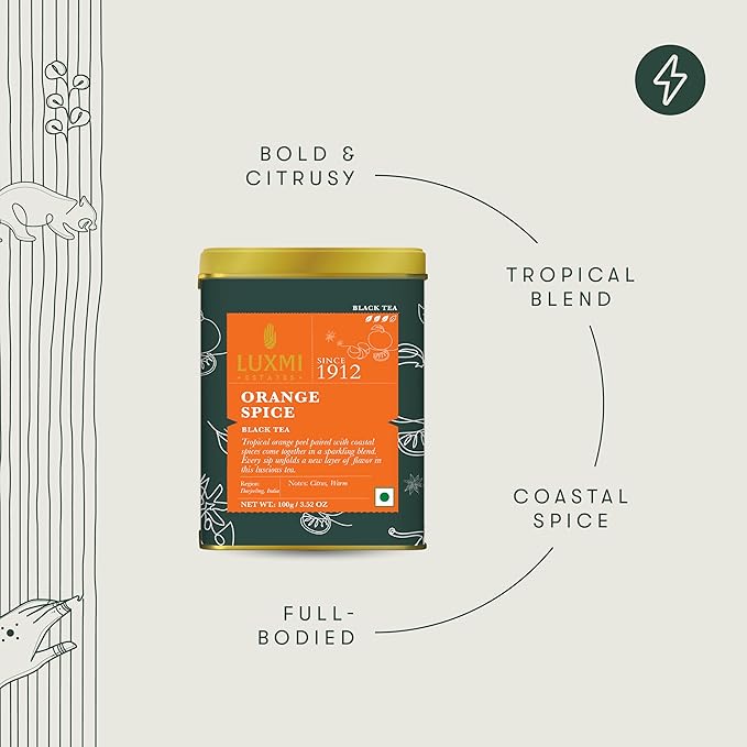 Luxmi Estates - Orange Spice - Organic Black Darjeeling Tea - Loose Leaf - 100g (50 cups), Limited Fall Tea, Special Edition Autumn Tea, Smooth