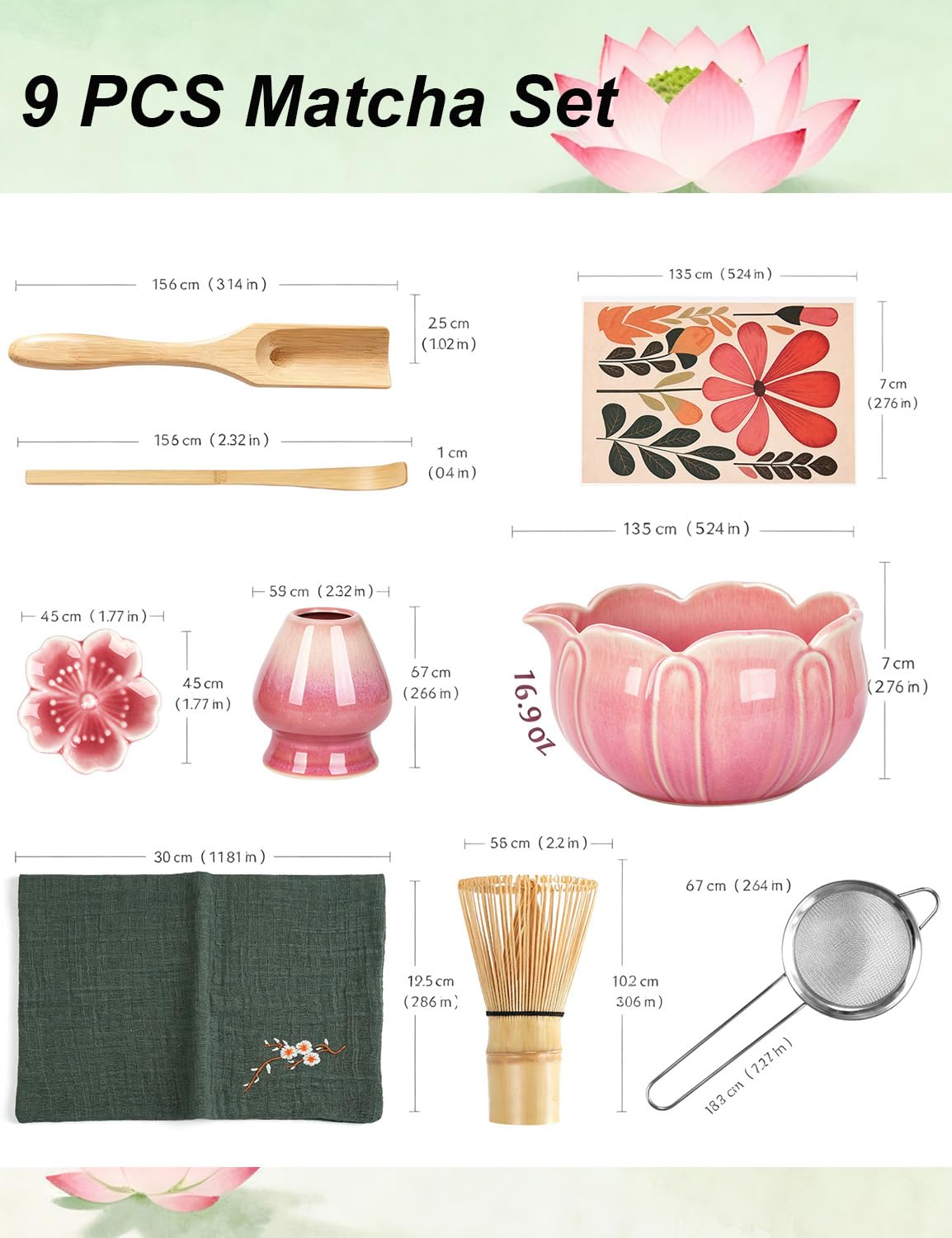 AURADYNE Matcha Set,9 Pcs Lotus Matcha Kit with Spout, Cute Matcha Gifts