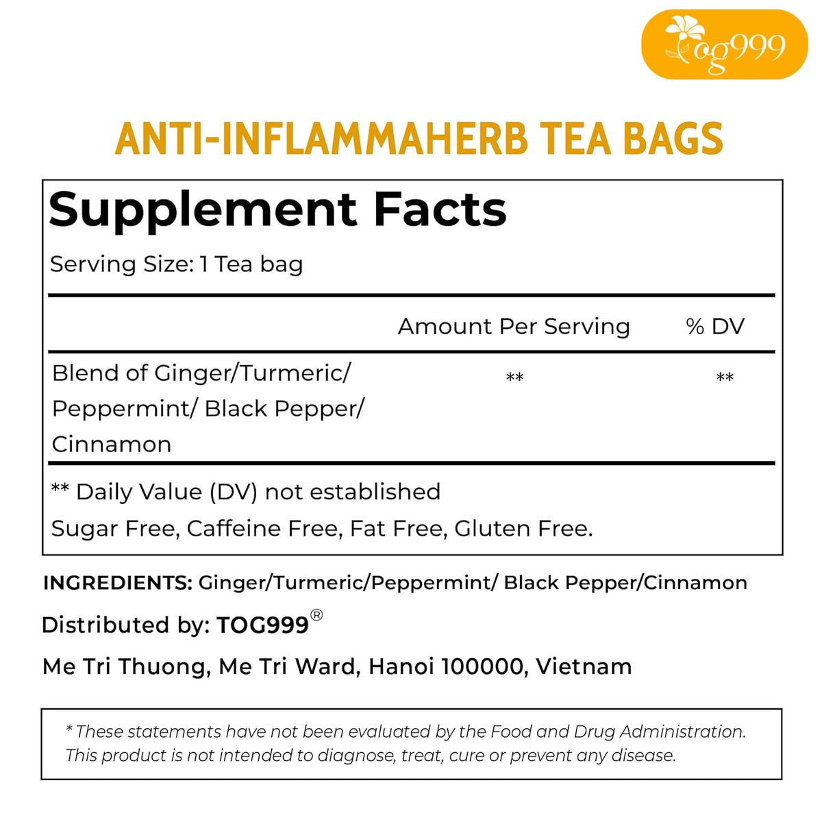 TOG999 Herbal Turmeric Ginger Cinnamon Tea Bags