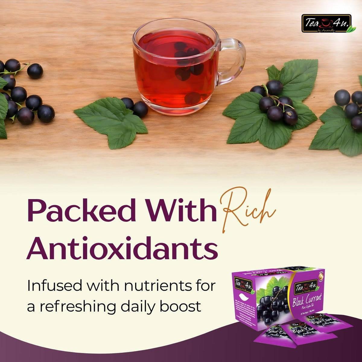 Tea4U Black Currant Flavored Ceylon Tea Bags - Fruity Blend - 25 Count
