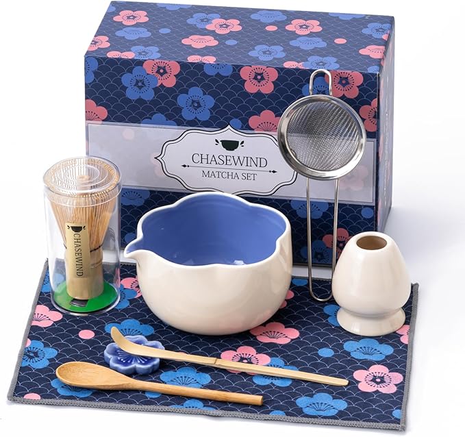 Matcha Set, 8Pcs Floral Ceramic Matcha Set with Matcha Whisk, Holder, Scoop, Scoop Rest, Sifter, Spo